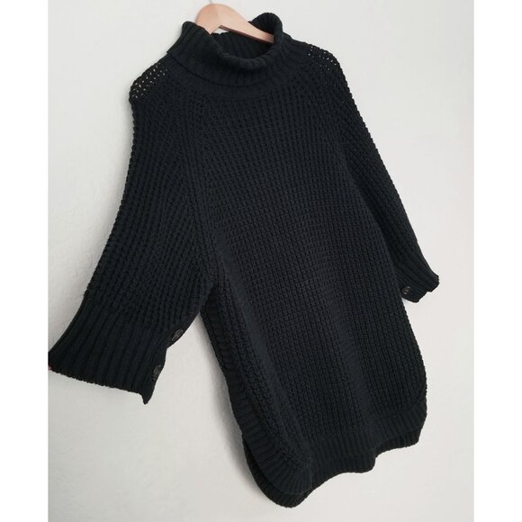 J.CREW Turtleneck Cotton Poncho M/L $155 Black Button 3/4 Sleeve Chunky Longline - Picture 11 of 16